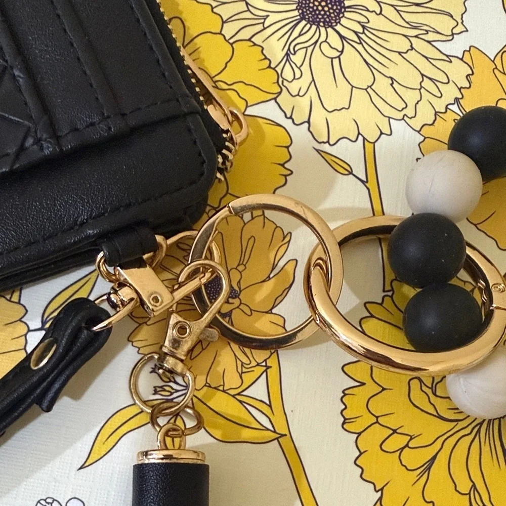 Black Quilted Wallet / Card Holder with a Tassel and Stretchy Beaded Bracelet